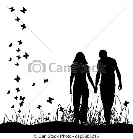 Vector   Couple On Meadow Black Silhouette   Stock Illustration