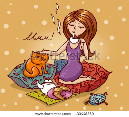   Beautiful Girl Drinking Tea Or Coffee  Cute Background In Cartoon    