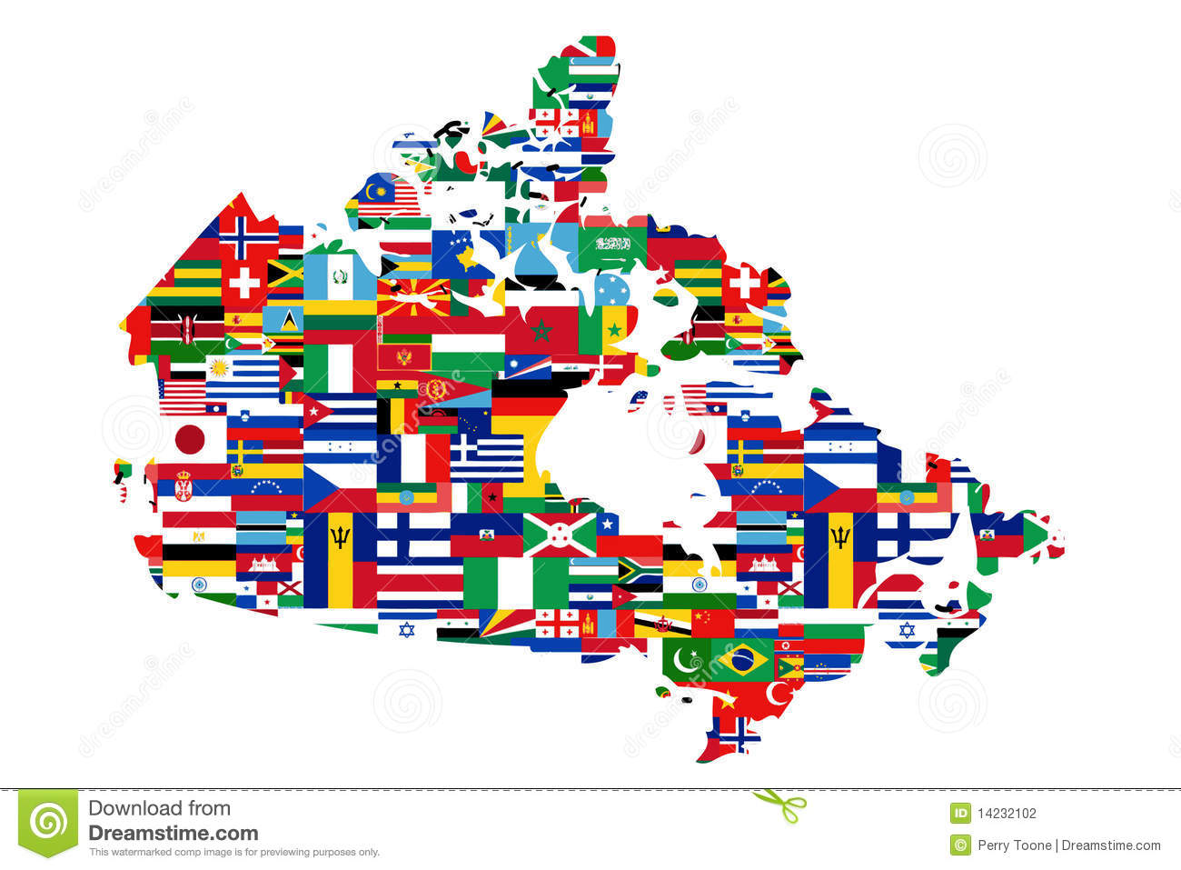 Multicultural Multi Flag Map Silhouette Of Canada  Land Mass Is