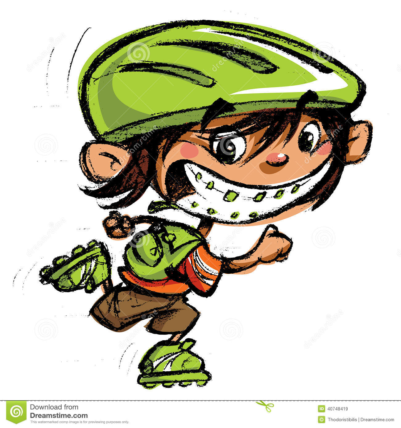 Cartoon Happy Boy Crazy Braces Smiling Skating With Roller Blade Stock