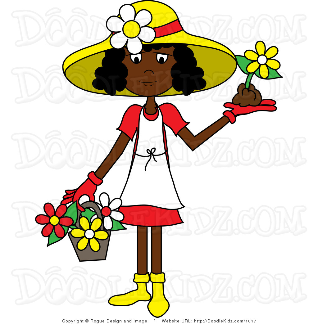 Clip Art Illustration Of An African American Woman Wearing Gardening