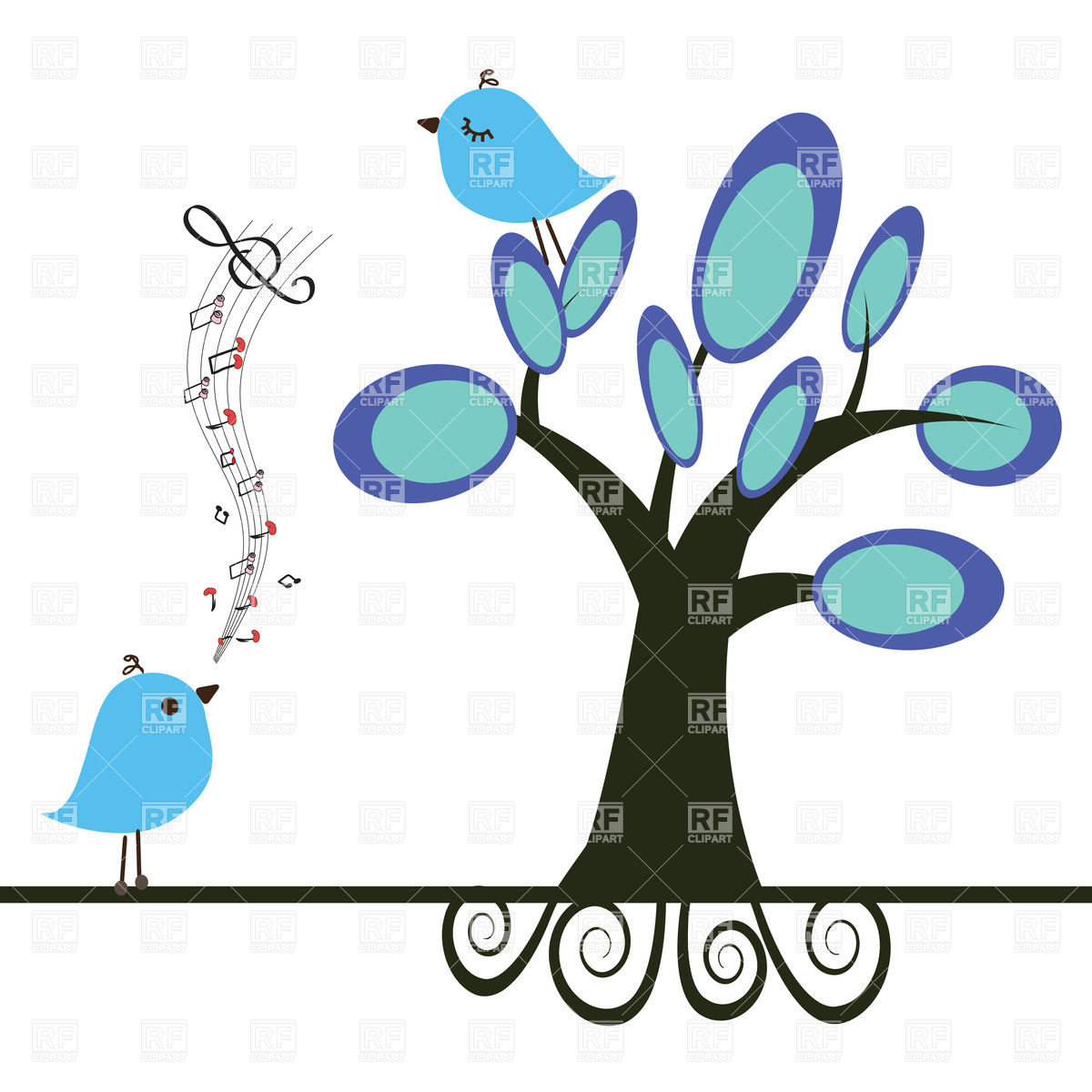 Singing Bird And Blue Bird On Tree Download Royalty Free Vector
