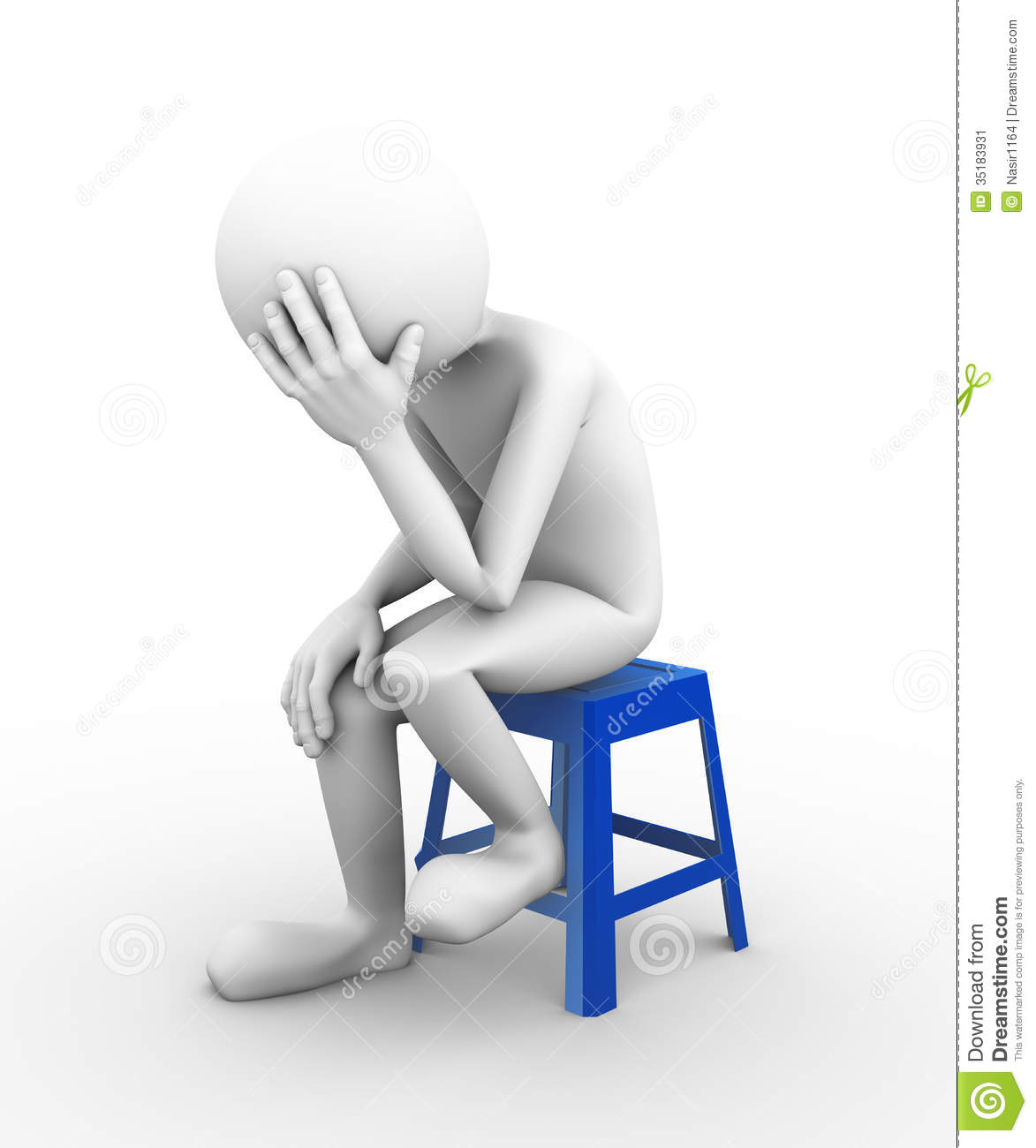 3d Rendering Of Frustrated Sad Depressed Man Sitting On Plastic Stool