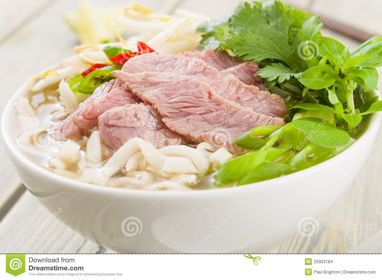 Pho Bo   Vietnamese Fresh Rice Noodle Soup With Beef Herbs And Chili