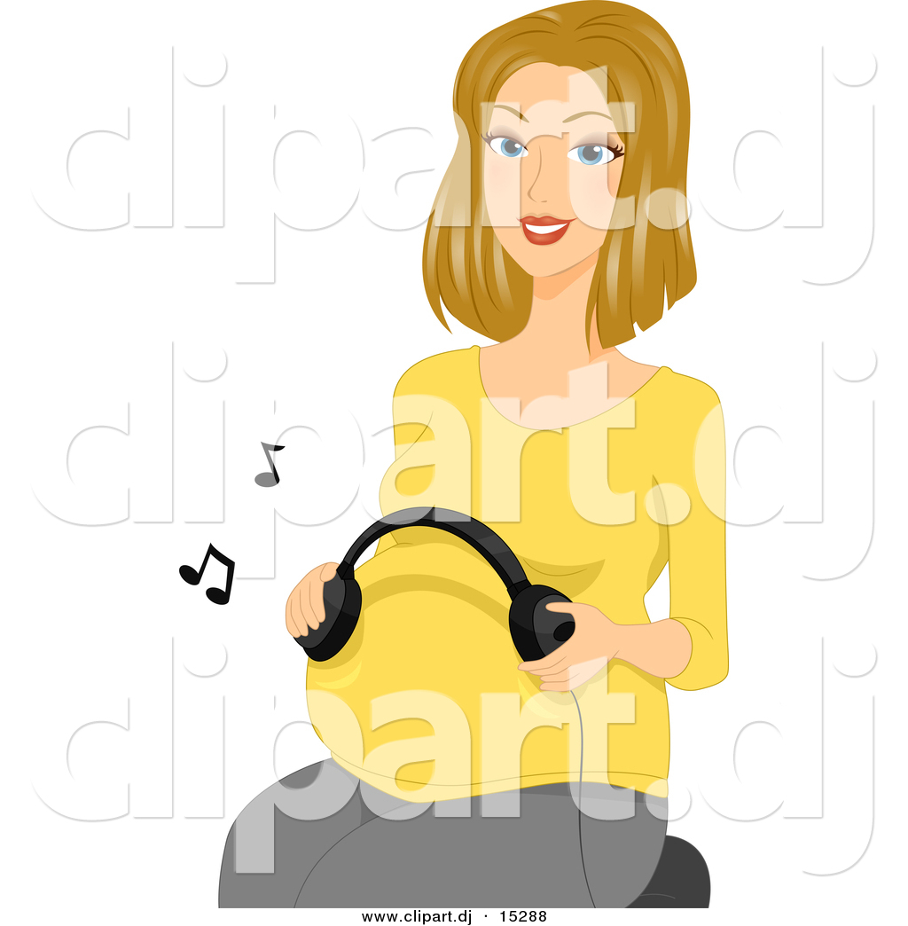 Vector Clipart Of A Cartoon Pregnant Girl Using Headphones To Play