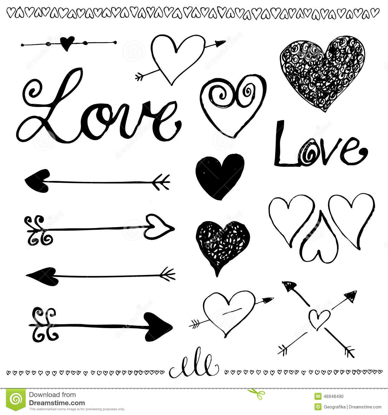 Ink Hand Drawn Doodle Love Set  Pen Drawn Heart Heart Line And Arrows