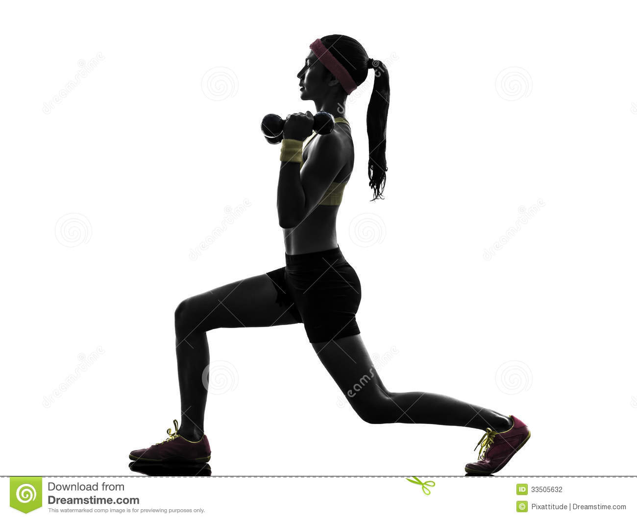 One Woman Exercising Fitness Workout Lunges Crouching Weight Training