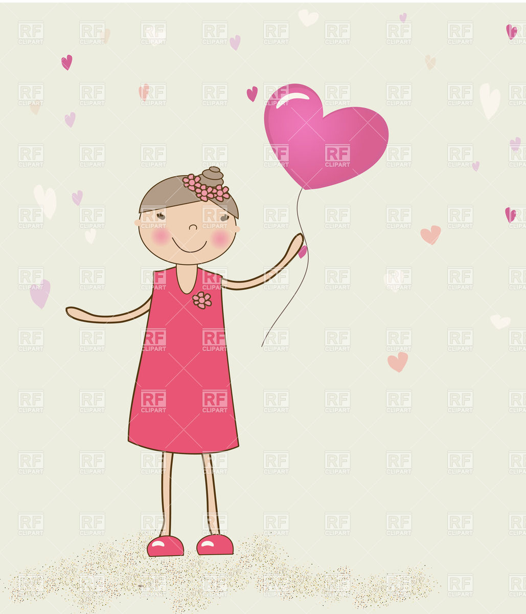 Little Girl Weared Pink Dress With Heart Shaped Balloon In Hand 23792