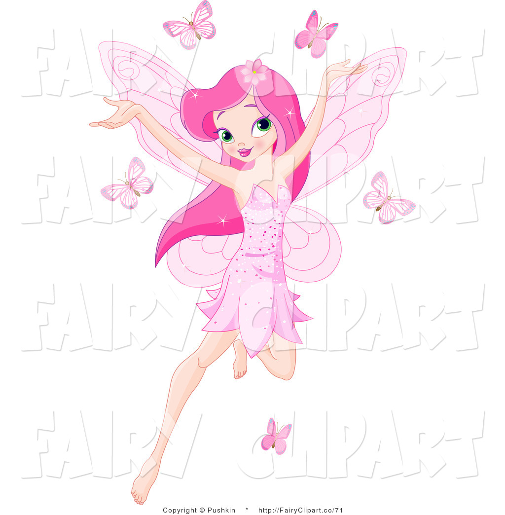 Of A Pink Haired Fairy Girl Flying With Pink Butterflies By Pushkin