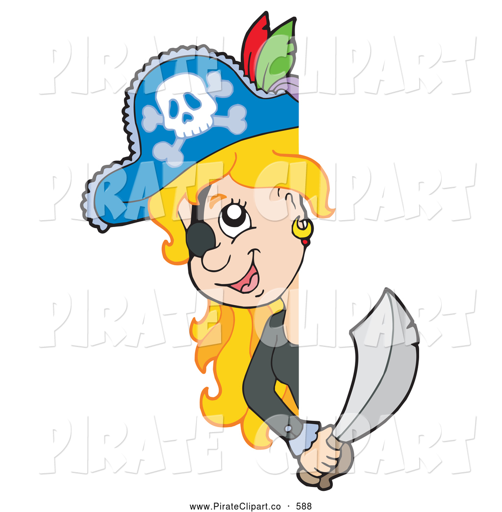 Cartoon Blond Female Pirate Looking Around A Blank Sign   Coloring
