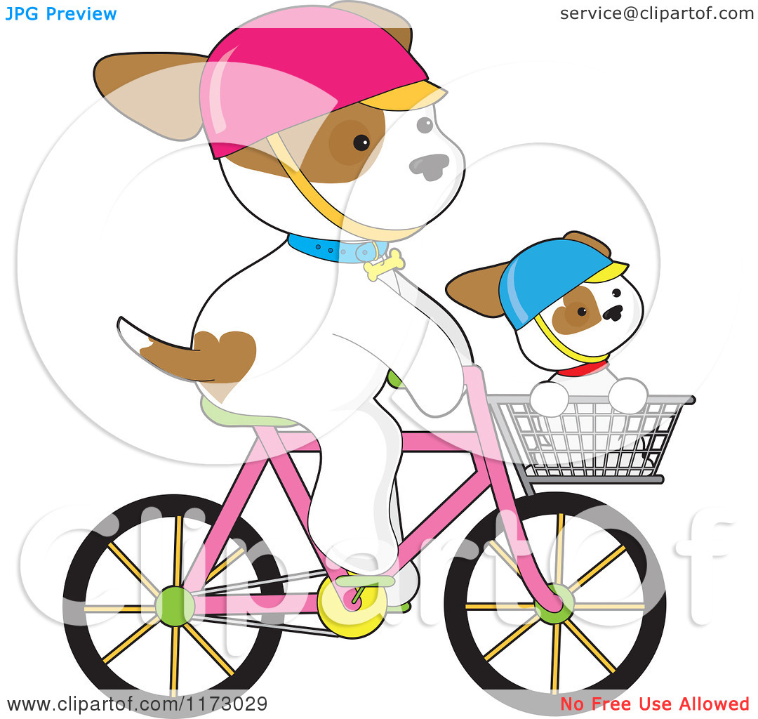 Cartoon Of A Cute Dogs Riding On A Bicycle And In A Basket   Royalty