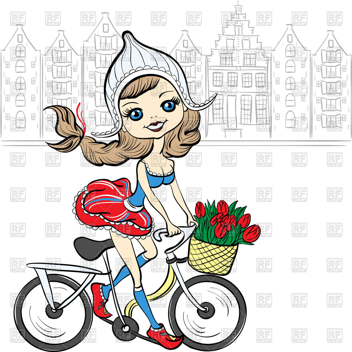 Cute Girl On Bicycle In National Dutch Costume In Front Of European