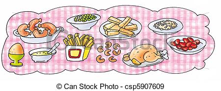 Stock Illustration Of Table Laden With Food Chicken Fries Sausage