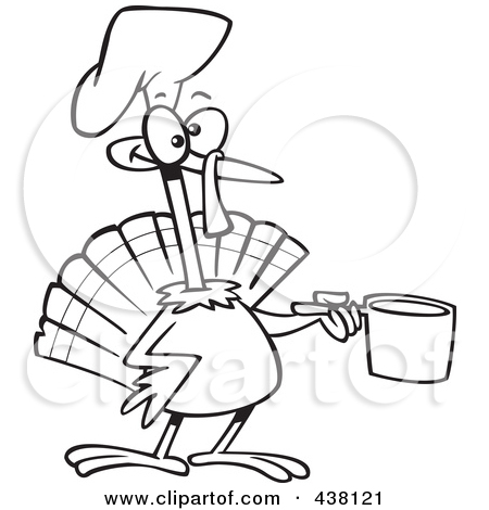 Black And White Outline Design Of A Chef Turkey Bird Holding A Pot