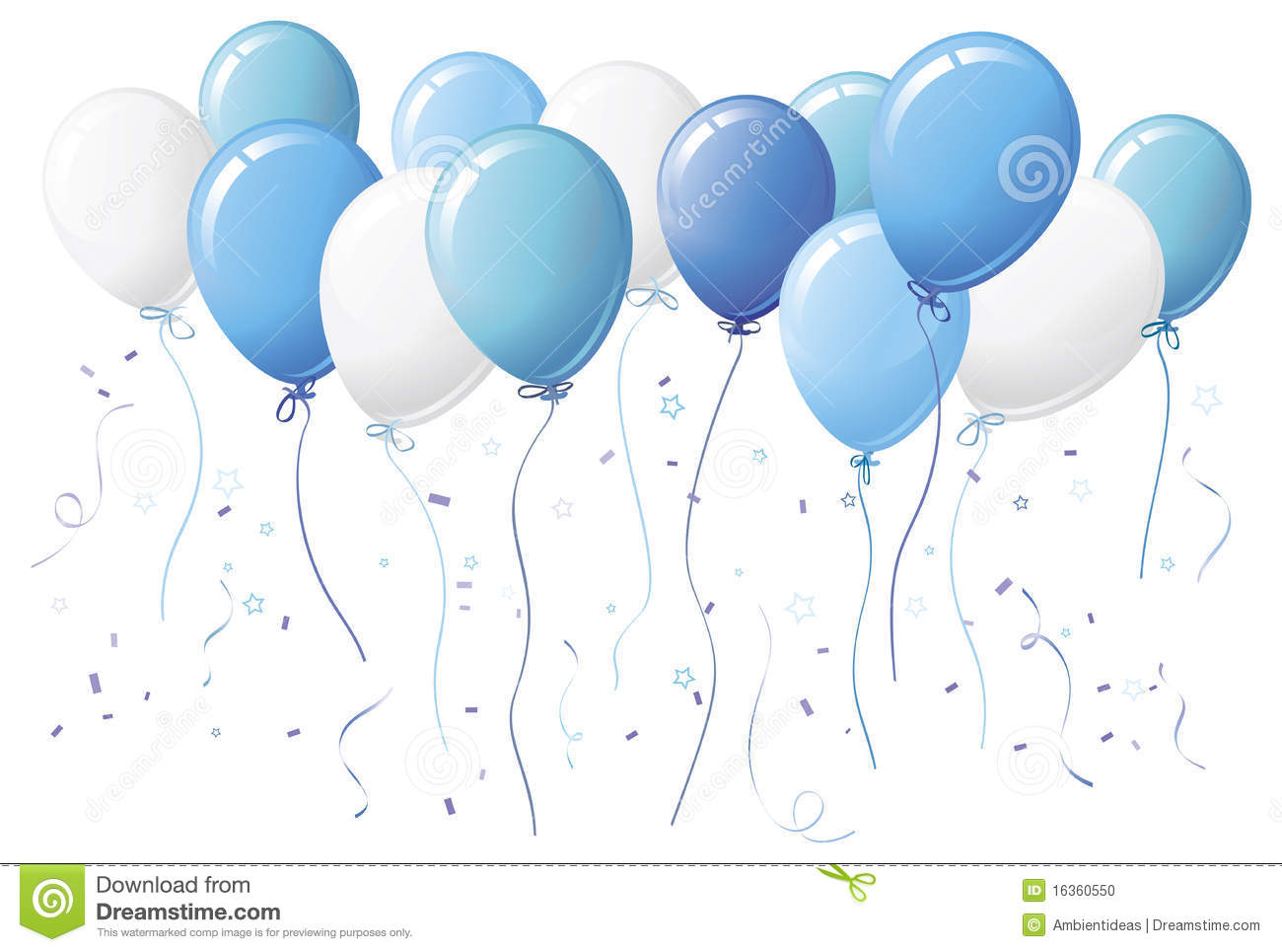 Blue Party Balloons With Confetti Ribbons And Stars Falling Against