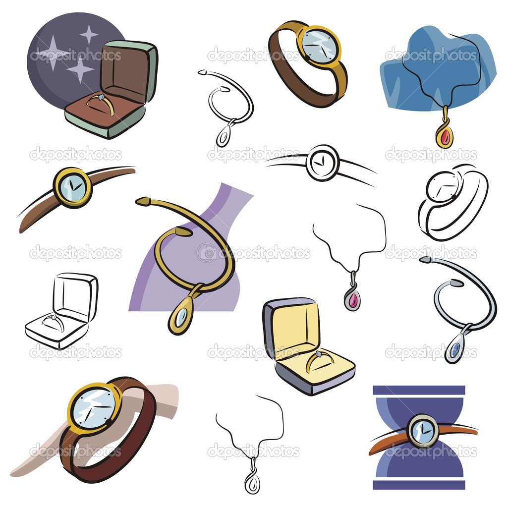 Set Of Jewelry And Watch Vector Icons In Color And Black And White    