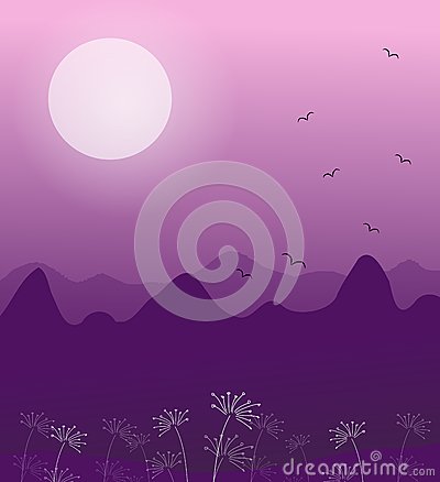 Illustration Of Romantic Landscape In Evening With Full Moon
