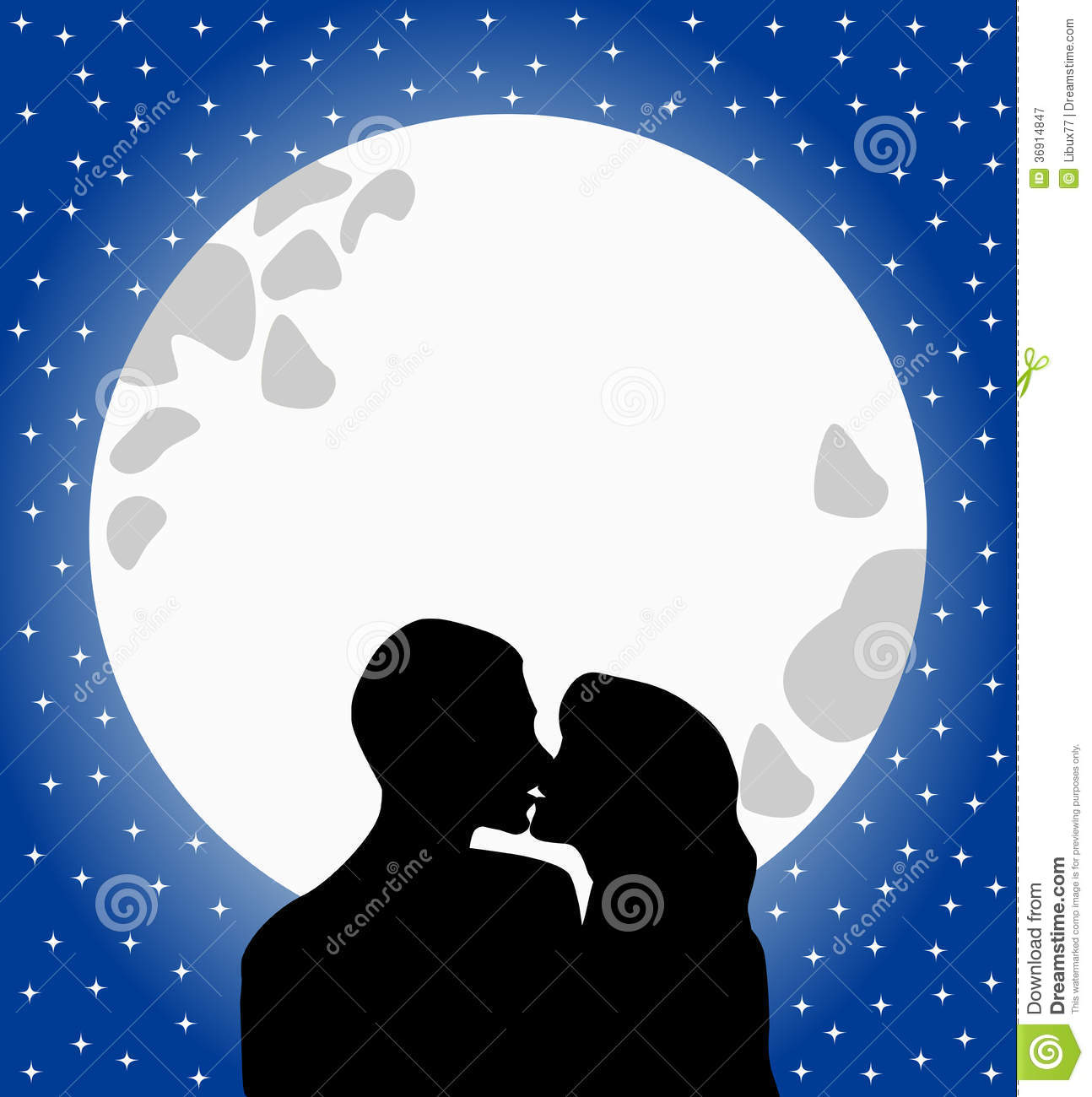 Lovers Silhouette Kissing At Moonlight Royalty Free Stock Photography    