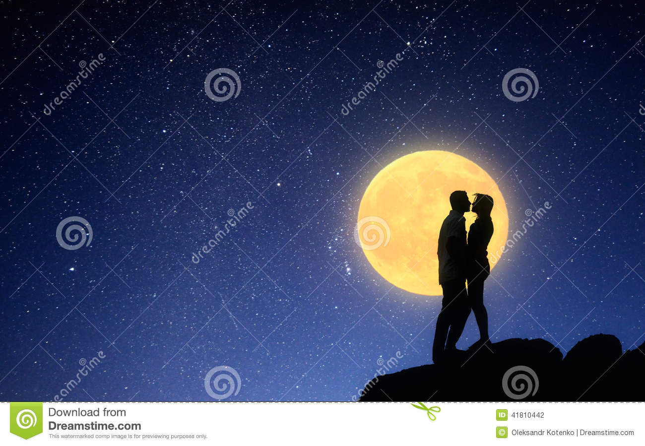 Loving Couple Kissing On A Moonlit Night Stock Photo   Image  41810442