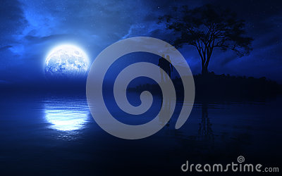 Type Fantasy Night With Full Moon Over A Lake With A Romantic