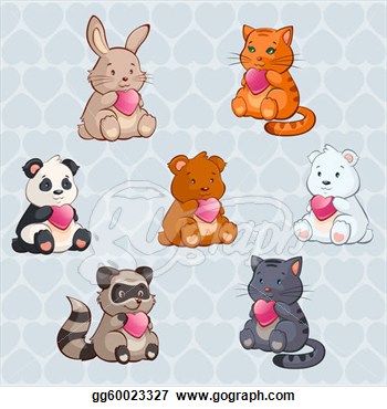 Vector Clipart   Cute Baby Animals Holding Hearts   Valentine Day    
