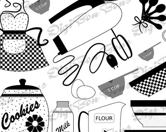 In Black White   Gray  Cute Retro 50 S Kitchen Clipart Clip Art