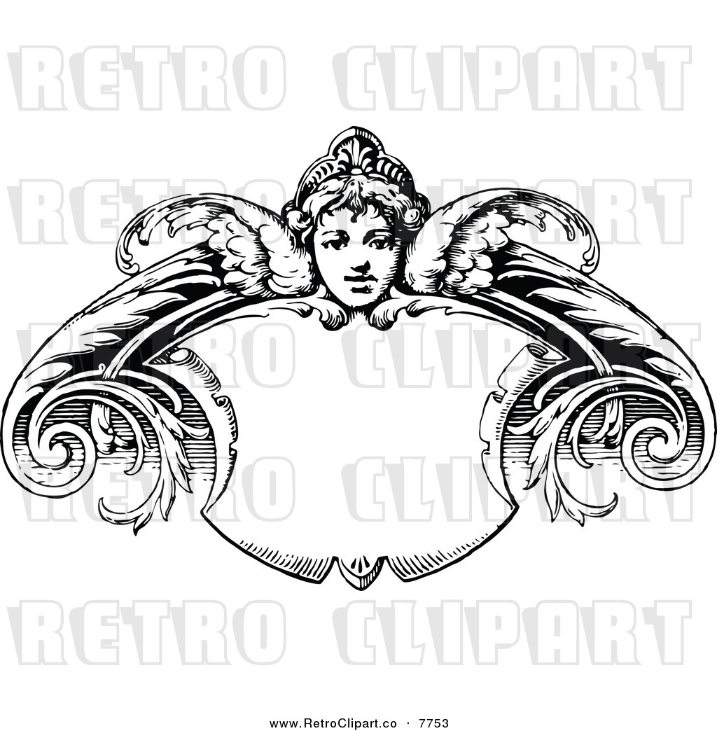 Vector Clipart Of A Retro Black And White Angel Shield Frame