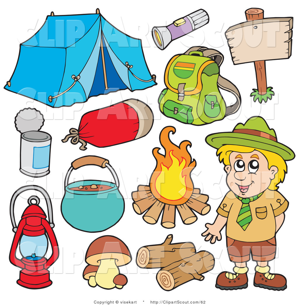 Clipart Of A Digital Collage Of A Smiling Camper And Camping Gear By