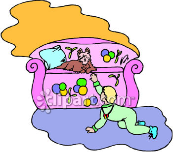 Baby Reaching For A Dog Sitting On A Couch Royalty Free Clipart Image