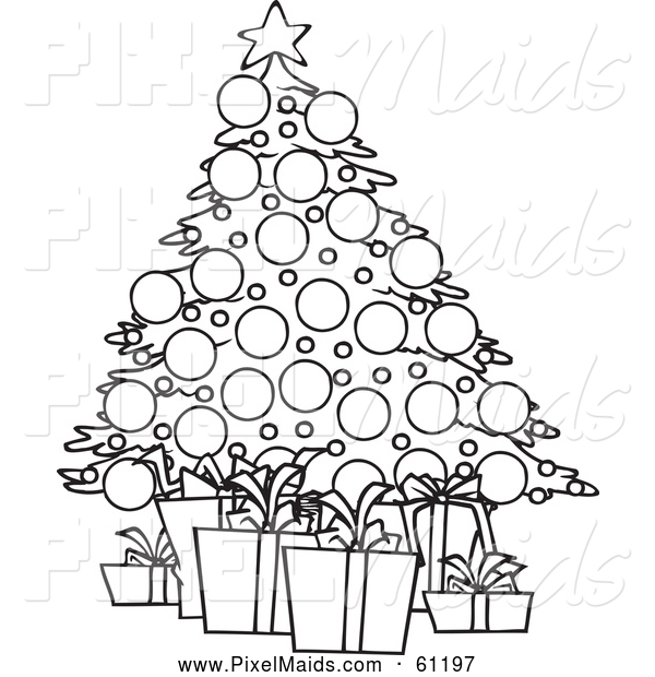 Clipart Of A Black And White Christmas Tree And Gifts By Ron Leishman