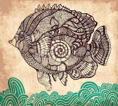 Animals   Wildlife   Decorative Hand Drawn Fish On Vintage Background