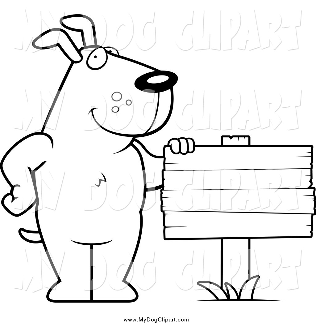 Clip Art Of A Black And White Happy Dog Standing Beside A Blank Wood