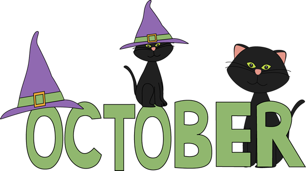 October Black Cats Clip Art Image   The Word October In Green With A