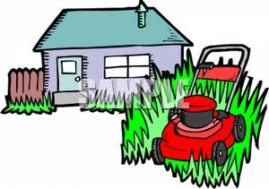 Clipart Image Of A Lawn Mower Cutting Grass Outside A House