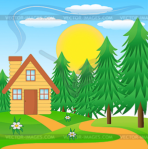 Wooden House On Green Lawn Near Forest   Vector Clipart