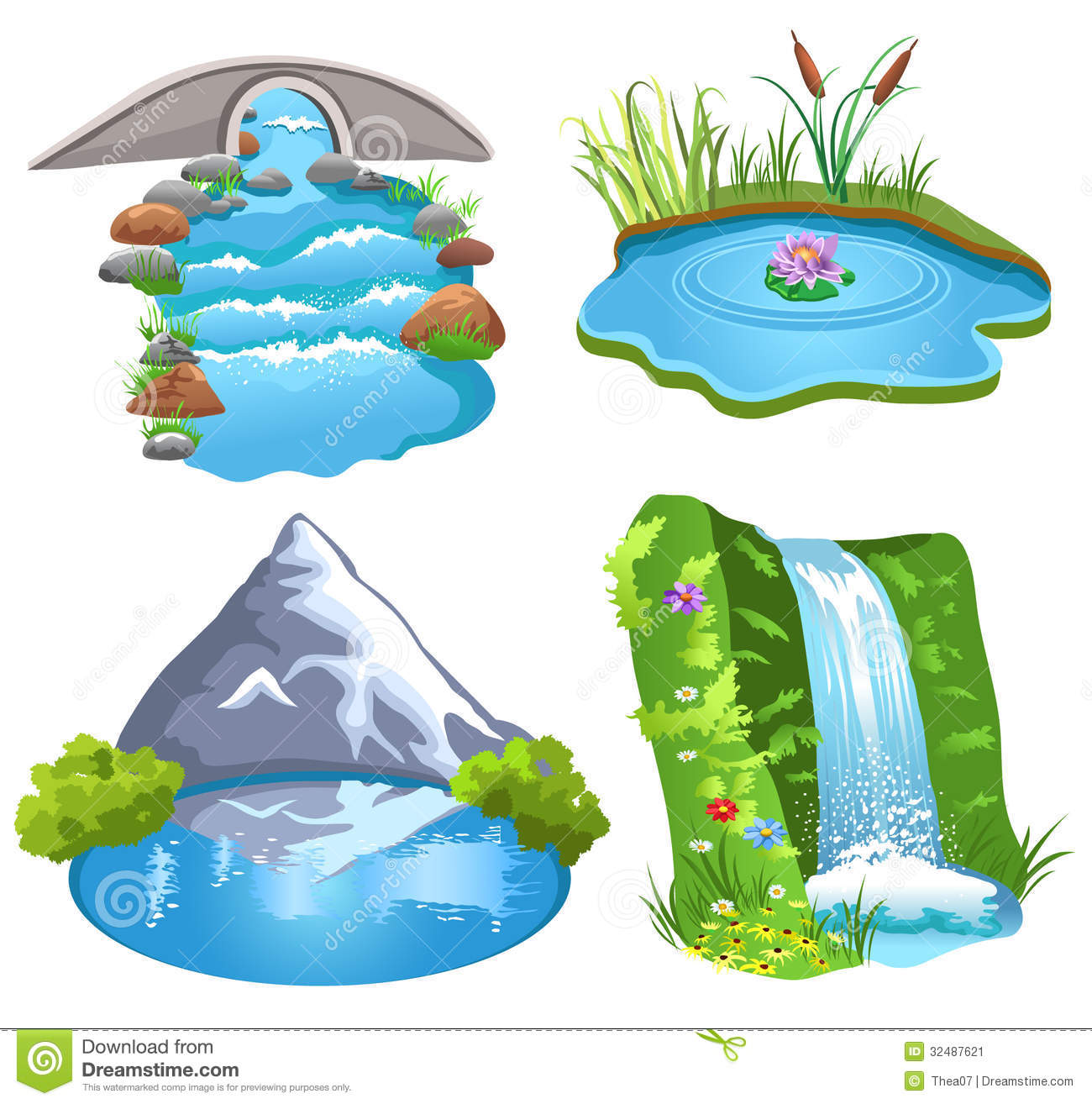 Four Examples Of Water Brook Pond Lake Waterfall Isolated On A