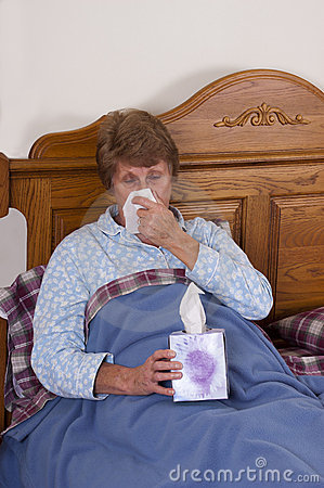 Mature Senior Woman Sick Bed Sniffles Allergies Stock Image   Image