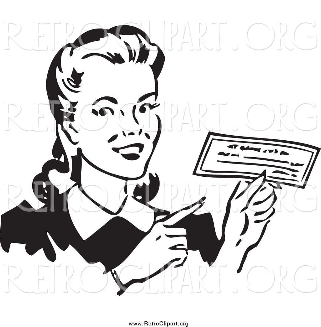 Clipart Of A Retro Black And White Happy Woman Holding A Check By