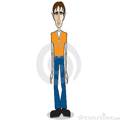 Tall Guy Standing With An Orange Top And Blue Pans