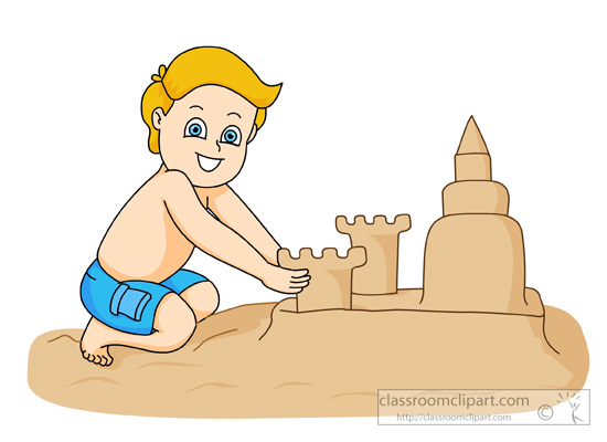 Boy Playing In Sand Creating Large Sandcastle   Classroom Clipart