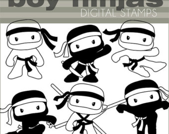 Ninja Clipart Set  Personal And Commercial  Cute Boy Ninjas Black Line