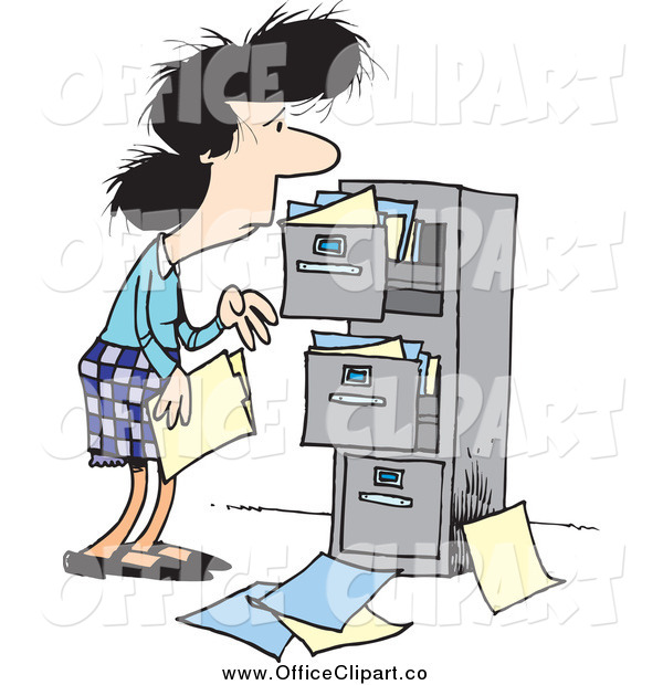Clip Art Of A Cartoon Tired Caucasian Businesswoman At A Messy Cabinet