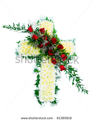Colorful Funeral Flower Arrangement With Cross Design    Stock Photo