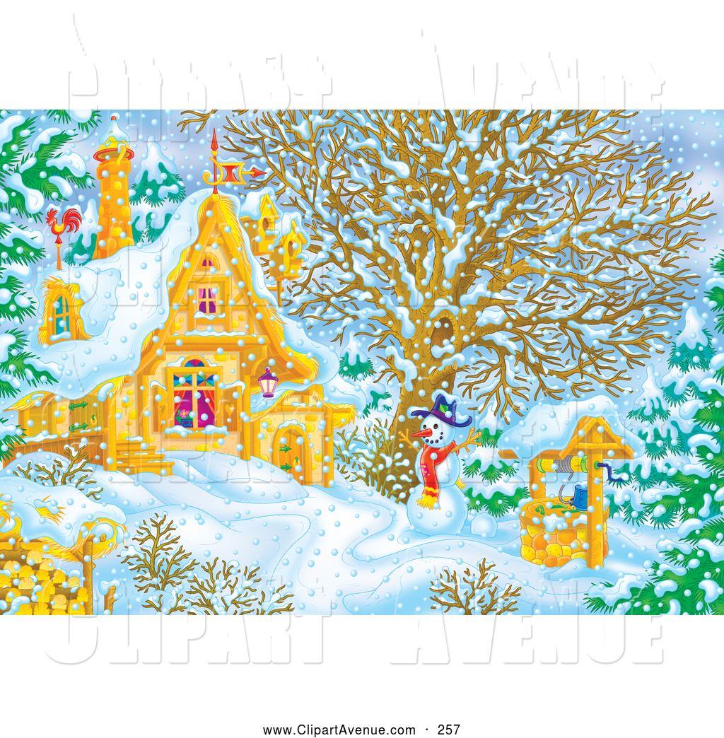 Avenue Clipart Of A Snowman Beside A Well Near A Home On A Snowy Cold