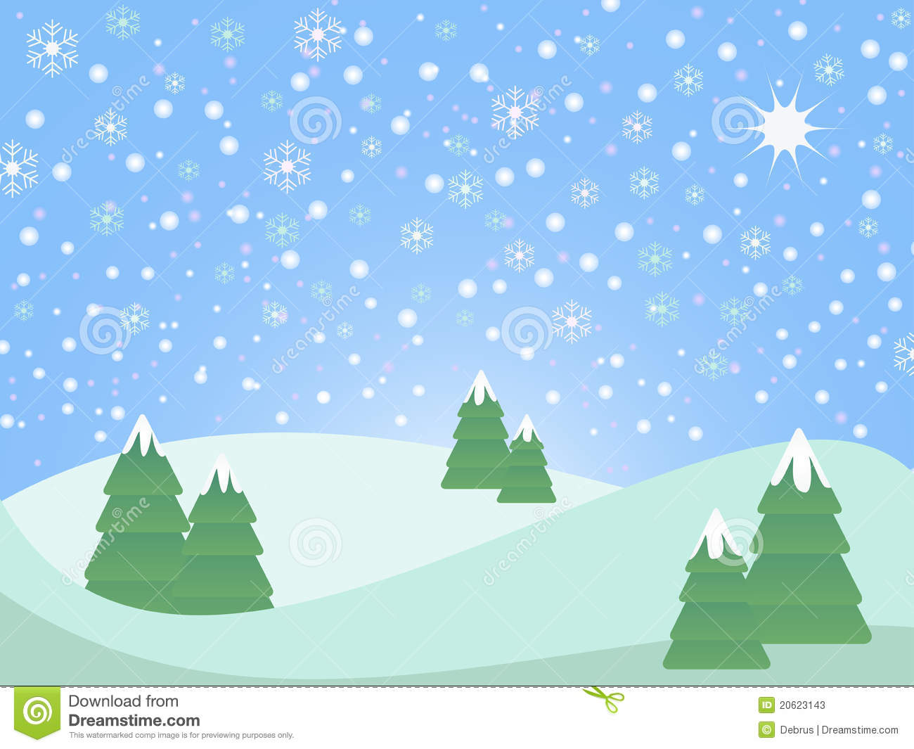 Christmas Winter Scene Landscape With Fir Trees And Snowflake
