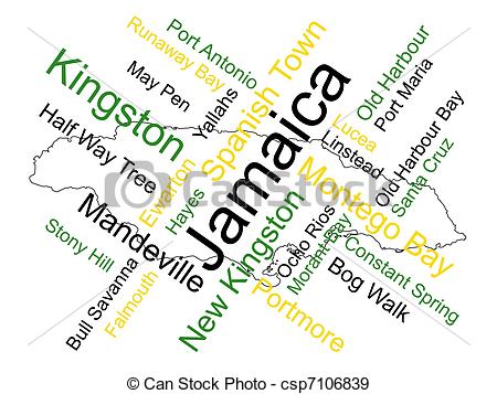 Jamaica Map And Words Cloud With Larger Cities