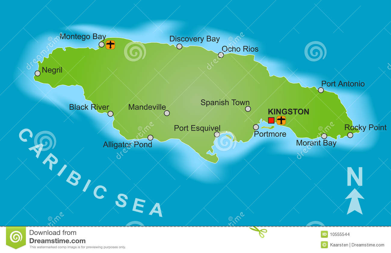 Stylized Map Of Jamaica Showing Different Big Cities