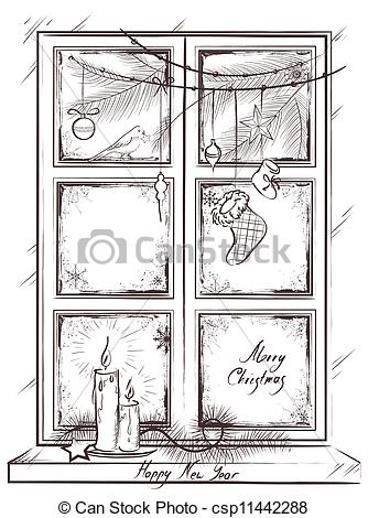 Vector Of Card With Holiday Christmas Window   Vintage Vector Card