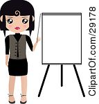 Clipart Illustration Of A Black Haired Woman Pointing To A Blank Easel