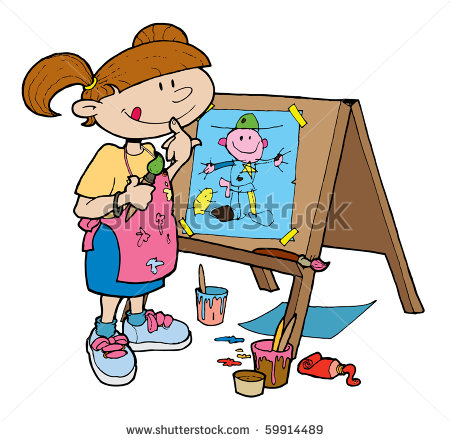 Of A Young Girl Happily Painting On An Easel    Stock Vector